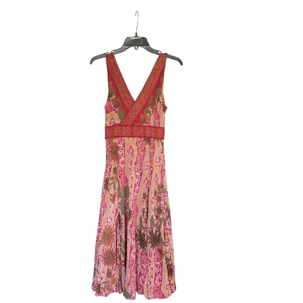 Bandolino Boho Floral Midi Dress Size 6 Red Gold Paisley Sleeveless V-Neck